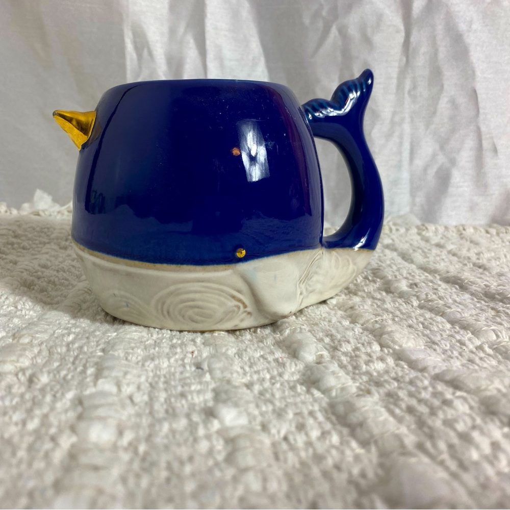 Narwhal Whale Coffee Mug Tail Handle Cup Blue Gold Cracker Barrel sea unicorn